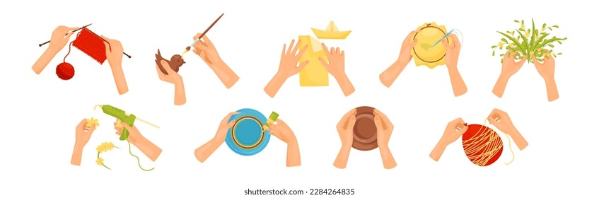 Hands Creating Craft Engaged in Creative Work at Handmade Workshop Vector Set