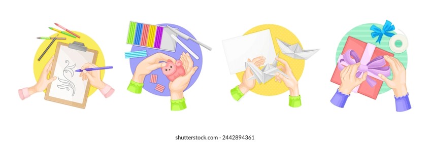 Hands Creating Craft in Workshop Top View Vector Set