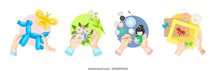 Hands Creating Craft in Workshop Top View Vector Set