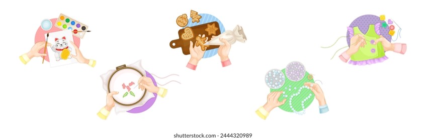 Hands Creating Craft in Workshop Top View Vector Set