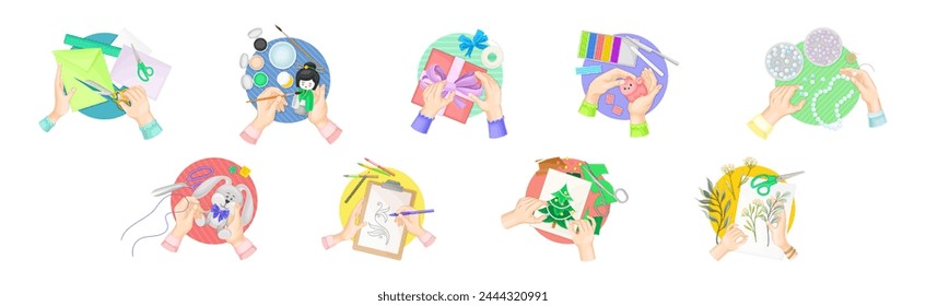 Hands Creating Craft in Workshop Top View Vector Set