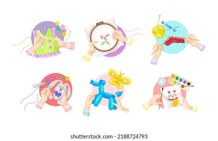 Hands creating crafts set. Top view of hands painting, sewing, embroidering and knitting vector illustration