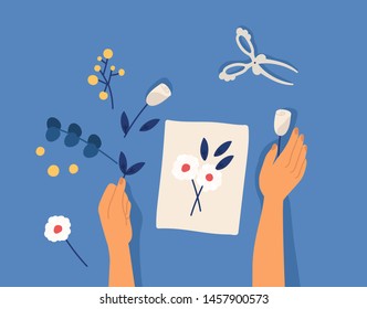 Hands creating decorative craftwork or handiwork - flower applique, herbarium, scarpbooking. Creative workshop lesson or tutorial. Leisure hobby activity. Flat cartoon colorful vector illustration.