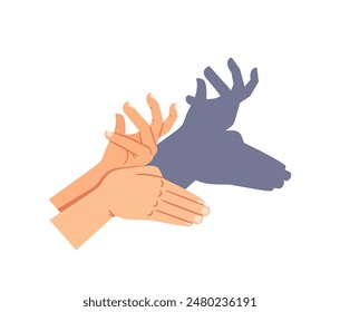 Hands Creating A Deer Or Moose Head Shadow Puppet On White Wall. Illustration Depicts The Creativity And Fun Of Shadow