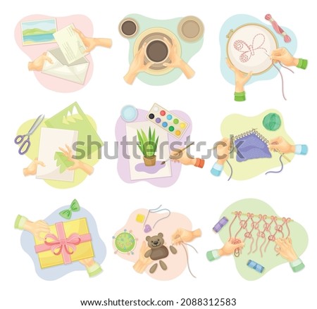 Hands creating handmade crafts set. Top view of creative work process, hobby and craft concept vector illustration