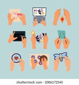 hands creating handmade works set