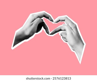 Hands creating heart shape gesture halftone collage vector illustration. Expressing love affection and uplifting emotions on pink background