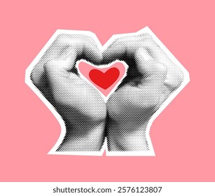 Hands creating heart shape halftone collage vector illustration. Demonstrating love care and uplifting emotions in body language on pink background