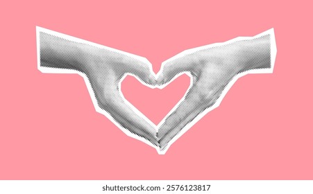 Hands creating heart shape halftone collage vector illustration. Expressing love care and affection feelings by gesture on pink background