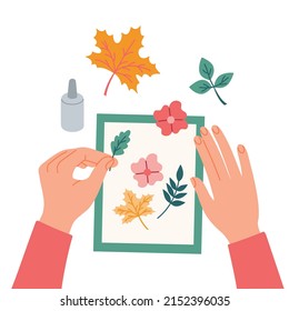 Hands creating herbarium from dried  flowers and leaves. Creative workshop for kids. Handmade classes. Hand drawn vector illustration isolated on white background. Flat cartoon style.