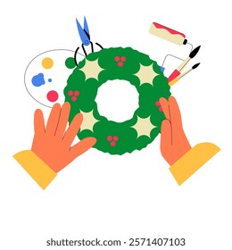 Hands Creating A Holiday Wreath In Flat Vector Illustration Symbolizing Creativity, Festive Spirit, And Holiday Crafting, Isolated On White Background