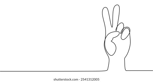 Hands creating a peace sign illustrated in a continuous one line drawing. Concept of gesture. Hand-drawn minimalist vector design.