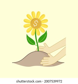 Hands creating a soil mound around a newly planted money tree. Build financial future. Growing investment. Vector illustration outline flat design style.