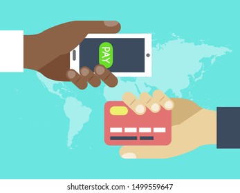 Hands with credit card and contactless wireless mobile phone for payment. Mobile payment. Using mobile smartphone for online purchasing. Online business with payment via phone vector illustration
