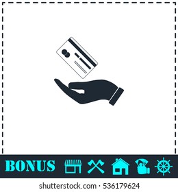 Hands and credit card icon flat. Simple vector symbol and bonus icon