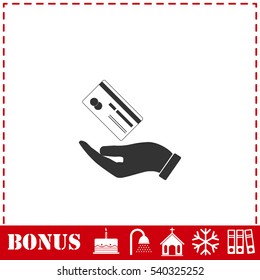 Hands and credit card icon flat. Simple vector symbol and bonus icon