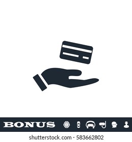 Hands and credit card icon flat. Black pictogram on white background. Vector illustration symbol and bonus button