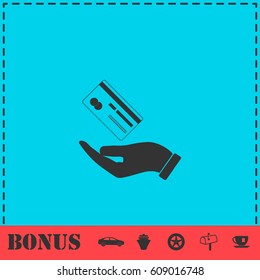 Hands and credit card icon flat. Simple vector symbol and bonus icon