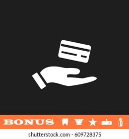 Hands and credit card icon flat. White pictogram on black background. Vector illustration symbol and bonus button tooth, vase, star, mirror, bottle