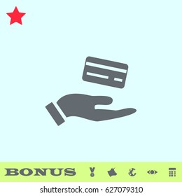 Hands and credit card icon flat. Grey pictogram on blue background. Vector illustration symbol and bonus buttons medal, cow, earth, eye, calculator
