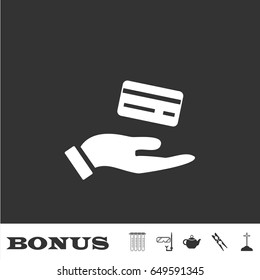 Hands and credit card icon flat. White pictogram on black background. Vector illustration symbol and bonus icons