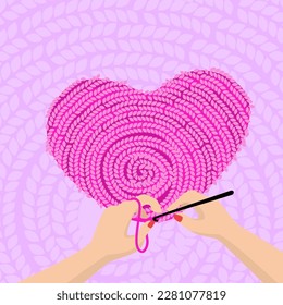 Hands crocheting pink heart with hook vector illustration. Cartoon drawing of woman with handmade pillow or toy from yarn, calming activity. Hobby, needlecraft, textile, handicrafts concept