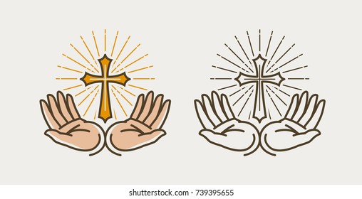 Hands and cross, crucifixion. God, bible, religion, faith, church, pray symbol or icon. Vector illustration