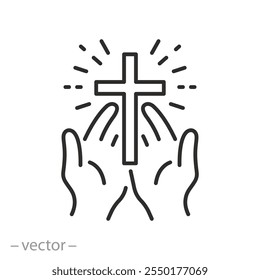 mãos com ícone de cruz, cristão oração, símbolo de oração, logotipo da religião, símbolo de linha fina - ilustração de vetor de traço editável