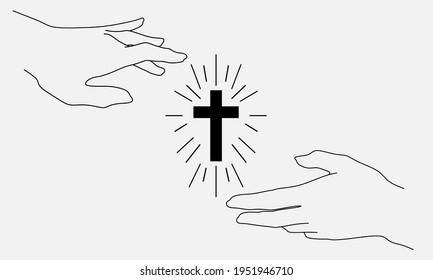 Hands and cross mininal line art doodle style. Faith, spirit, christian, catholic vector design element