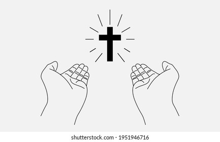 Hands and cross mininal line art doodle style. Faith, spirit, christian, catholic vector design element