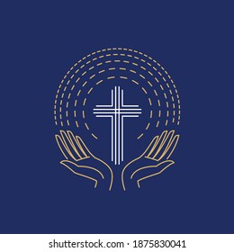 Hands with cross and sunburst. Christian logo vector