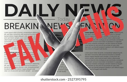 Hands Crossing Out Fake News in Newspaper Headline