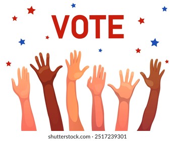 Hands of crowd in air in a vote event. Vote day. Hands calling to election voting.