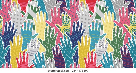 Hands crowd pattern. Diverse hand silhouettes collage, volunteers community helping hands scrapbooking paper cutouts with newspaper, polka dots and scribbles patterns seamless vector background.