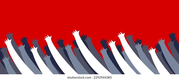 A lot of hands up crowd vector minimal design illustration, fan zone, prayers or beggars, poverty.