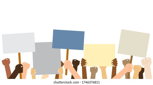 Hands crown people holding protest posters isolated on white background  - Vector illustration