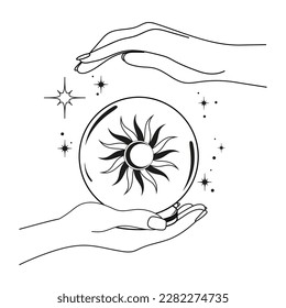 Hands with crystal ball with sun, moon, stars. Spiritual session. Esoteric, magic, predictions