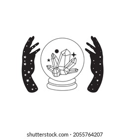 Manos con cristal. Colección de finos logos de estilo a mano e iconos de manos. Ilustraciones de moda, cuidado de la piel y concepto de bodas.