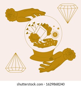 hands, crystal globe and diamonds, vector illustration, perfect to use on the web or in print