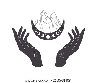 Manos con cristal. Cristal místico, esotérico, mágico o curador. Arte lineal. Golpes editables. Ilustración del vector