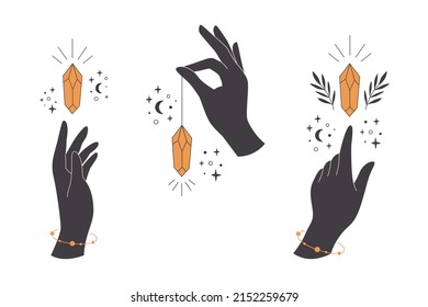 Hands with crystal. Mystical, esoteric, magic or healing crystal. Linear art. Editable strokes. Vector illustration