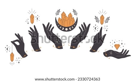Hands with crystal. Mystical, esoteric, magic, spiritual or healing crystal. Vector illustration in flat style