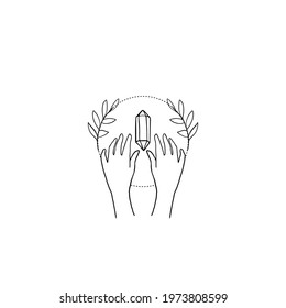 Hands with crystals and plants logo templates in line art and silhouette design with nature elements. Modern style logo line art designs in black and white. Scandinavian doodle style.
