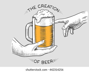 Hands with cup of beer engraving vector illustration. Scratch board style imitation.