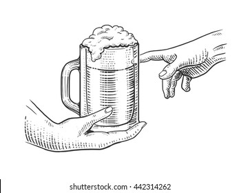 Hands with cup of beer engraving vector illustration. Scratch board style imitation.