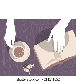Hands with a cup and book. Vector illustration 