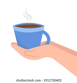 Hands with cup of coffee or tea, hot chocolate. Beverage in blue mug. Latte art. Flat style. Vector illustration