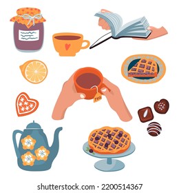 Hands with a cup of tea, book, a sweet cake, a teapot, a lemon, a jar of jam.Vector set of cliparts on the theme of tea drinking and reading books.Drawn in flat cartoon style.For design card,poster.
