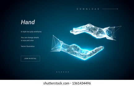 Hands. Cupped care hands. Сup-shaped form of the hands. Open hand. Abstract illustration isolated on dark background. Low poly wireframe. Particles are connected in a geometric silhouette