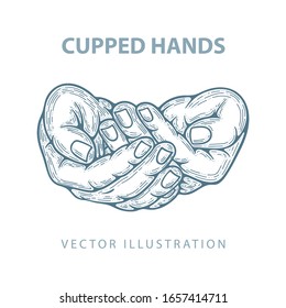 Сupped hands. Hands cupped together sketch drawing vector illustration. Charity and poverty concept. Part of set.
